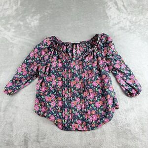 Abercrombie & Fitch Top Medium Navy Blue‎ Pink Orange Floral Sheer 3/4 Sleeve